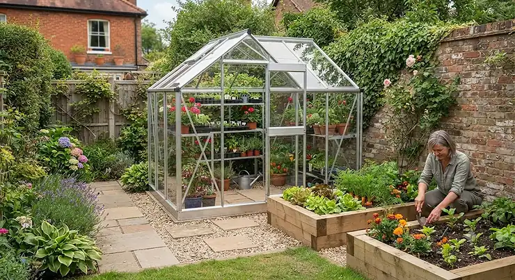 A compact aluminium greenhouse perfect for a small UK back garden with raised beds. best greenhouses
