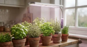 Close-up of a kitchen herb garden thriving under an energy-efficient grow light featuring integrated timer and dimmer controls.