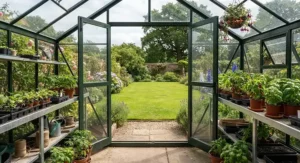 The open double doors of a durable glass greenhouse looking out onto a green lawn