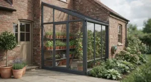 A modern lean-to greenhouse attached to the side of a traditional British home, used for growing tomatoes and herbs.