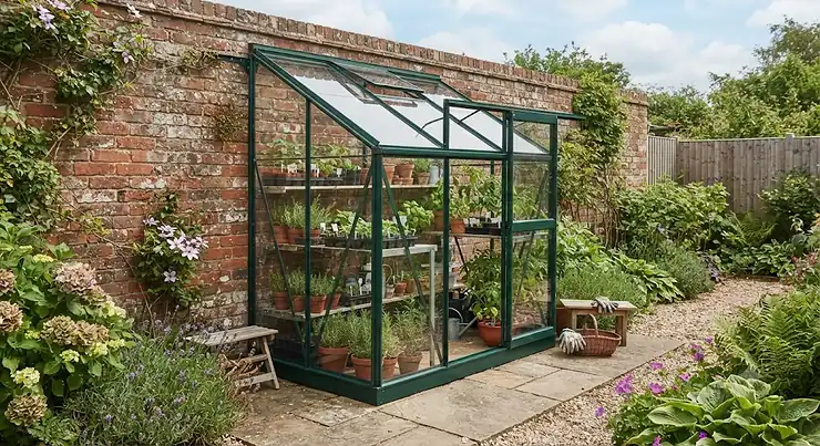 A small lean-to greenhouse fitted against a brick garden wall, perfect for maximising space in a compact UK garden.