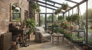 A spacious lean-to greenhouse styled as a sun room, offering a functional and attractive space for gardening enthusiasts.