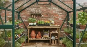 Inside view of a lean-to greenhouse showing a organised potting bench and seasonal seedlings for British gardening.