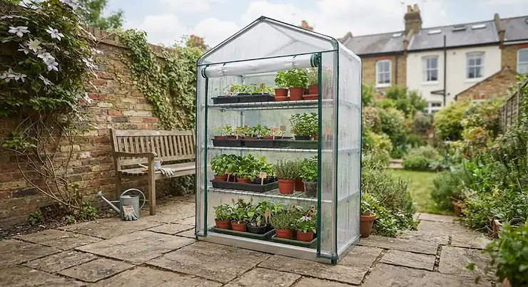 A compact mini greenhouse positioned on a small paved patio, perfect for UK urban gardens. best mini greenhouse