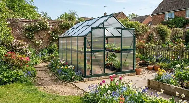A sturdy polycarbonate greenhouse installed in a traditional British back garden during spring. best polycarbonate greenhouse