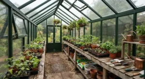 Interior view of a high-quality glass greenhouse featuring wooden staging benches and potted seedlings