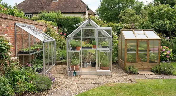 A variety of small greenhouses suitable for a beginner's garden in the UK. greenhouse for beginners