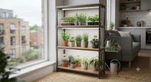 A compact 3-tier LED grow light shelf unit perfect for small flats or urban gardening.