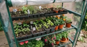 Close-up view of a 4-tier mini greenhouse filled with young seedlings and vegetable starter plants.