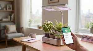 A space-saving smart grow light with app control positioned on a desk in a small flat, perfect for urban gardening.