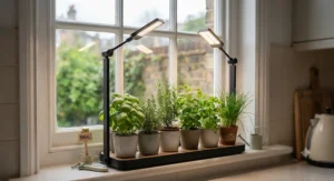 A small desktop grow light stand set up for growing fresh kitchen herbs on a window sill.