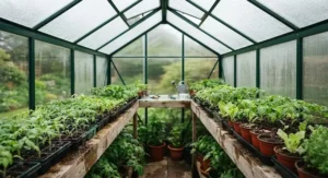 Seedlings growing vigorously under the soft, diffused light of a polycarbonate greenhouse roof.
