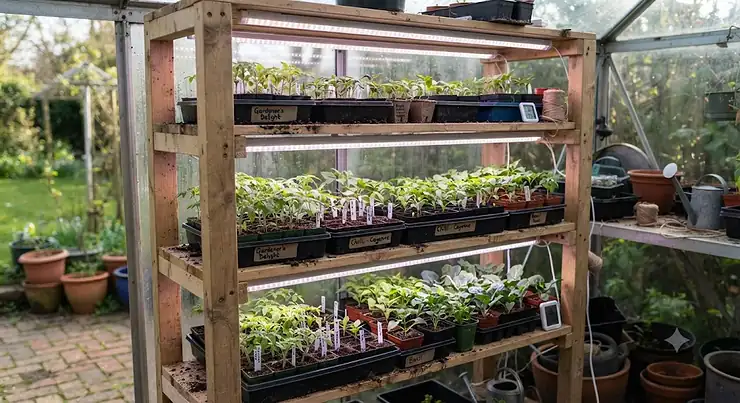A custom-built wooden grow light rack for seedlings in a British home greenhouse.