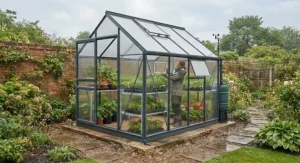 A sturdy polycarbonate greenhouse designed to withstand high winds and heavy rain in the UK