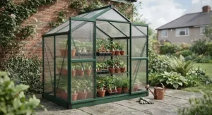 A sturdy polycarbonate mini greenhouse designed to withstand British weather conditions.