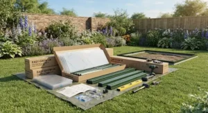 Unassembled polycarbonate greenhouse kit parts laid out on a lawn ready for DIY installation