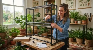 A DIY enthusiast assembling an easy-to-use grow light stand for their indoor plant collection.
