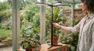 An ergonomic adjustable height grow light stand being raised to accommodate taller indoor plants.