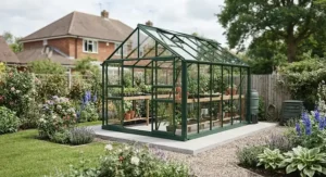 A sturdy freestanding glass greenhouse built on a level concrete foundation in a suburban garden