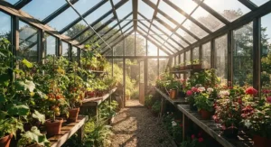 Sunlight streaming through crystal-clear glass panes inside a thriving greenhouse.