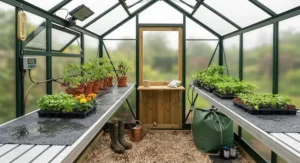 Essential accessories including automatic window openers and capillary matting set up inside a 6x8 greenhouse.