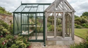 Comparison of sturdy aluminium and wooden greenhouse frames suited for British weather conditions.