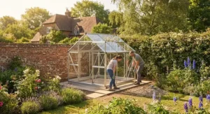 Positioning a greenhouse in a sunny, sheltered spot in a British garden