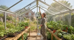 Opening greenhouse roof vents to ensure proper ventilation during summer