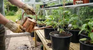 Using a watering can to carefully water greenhouse crops at the base