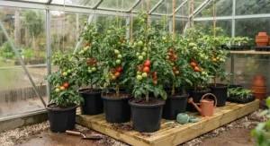Healthy tomato plants growing in pots inside a home greenhouse