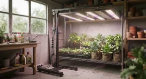 A heavy-duty adjustable height grow light stand set up in a shed for year-round indoor gardening.