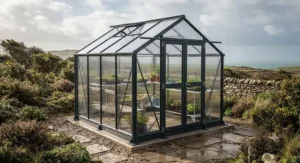 Heavy-duty polycarbonate greenhouse with reinforced aluminium framing designed to withstand high winds