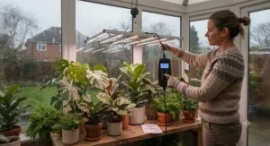 A gardener adjusting the brightness dimmer and timer schedule on a grow light to care for plants during the dark British winter.