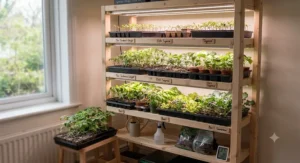 Compact indoor grow light rack for starting vegetable seedlings in early spring.