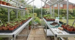 Organised staging and shelving inside a modern aluminium greenhouse for potting seedlings