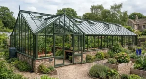 A large glass greenhouse equipped with automatic roof ventilation vents for temperature control
