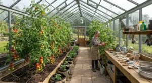 A spacious high-quality greenhouse filled with healthy tomato plants and garden tools