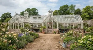 Large traditional glass greenhouse displaying heritage architectural design on a historic estate