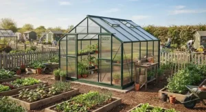 Large polycarbonate greenhouse set up on a British allotment plot with raised timber beds nearby