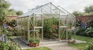A spacious walk-in best aluminium greenhouse featuring safety toughened glass panes filled with tomato plants
