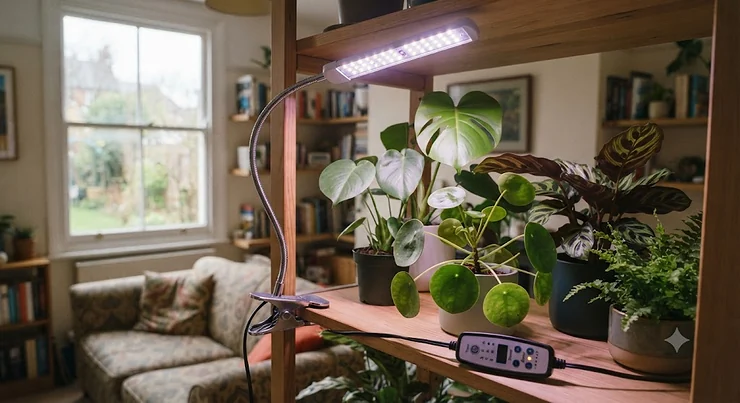 A full-spectrum LED grow light with adjustable timer and dimmer settings illuminating indoor house plants in a British home.