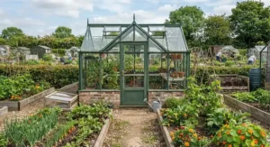 Green metal-framed traditional glass greenhouse set up on a neat British allotment plot