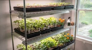 Sturdy metal wire shelving used as a tiered grow light rack for various seedlings.