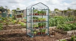 A practical mini greenhouse placed on an allotment plot for extending the growing season.