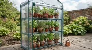 A vertical tiered mini greenhouse with shelving filled with terracotta pots and herb plants.
