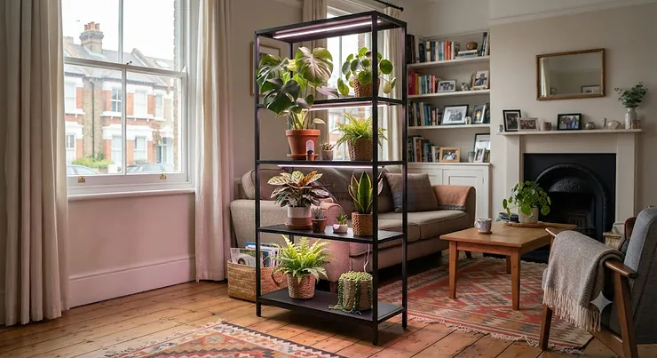 A stylish modern grow light stand holding vibrant indoor plants in a British living room.