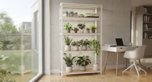 A minimalist white multi-tier grow light shelf showing vibrant green foliage in a study.
