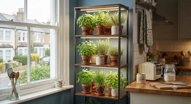 A stylish multi-tier grow light shelf featuring fresh herbs growing in a bright British kitchen.