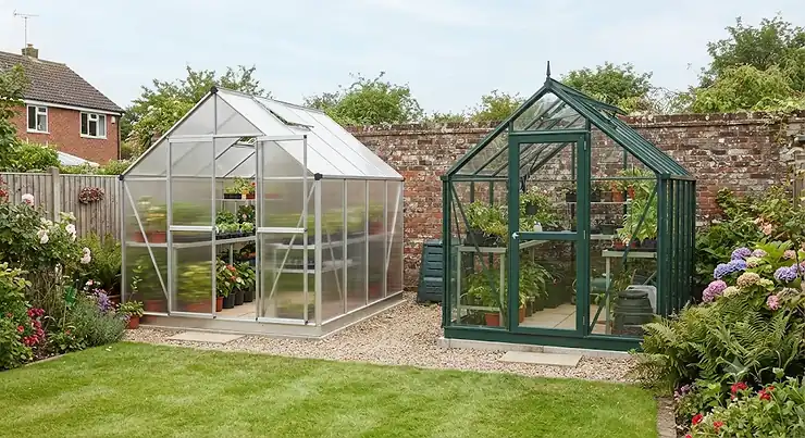 A side-by-side comparison of a polycarbonate and a traditional glass greenhouse in a British back garden. polycarbonate vs glass greenhouse
