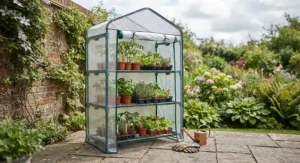 A portable mini greenhouse with a reinforced PVC cover and zipped door for easy access.